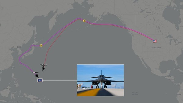 5일(현지시간) 군용비행기 추적사이트 ’에어크래프트 스폿‘(Aircraft Spots)에 따르면 B-1B 전략폭격기 2대가 4~5일 연이틀 미국 사우스다코타주 엘즈워스 공군기지에서 출발해 북태평양과 일본 인근 상공을 거쳐 괌 앤더슨 공군기지까지 비행했다.(사진=에어크래프트 스폿 트위터 갈무리)