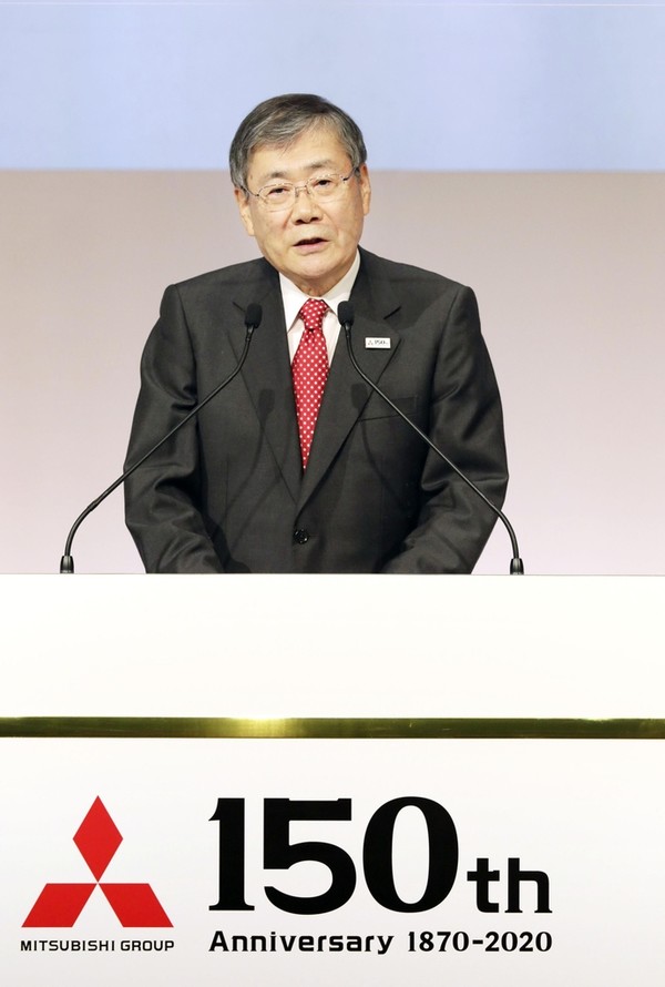 미야나카 슌이치(宮永俊一) 미쓰비시중공업 회장이 11월 24일 도쿄에서 열린 창업 150주년 기념행사에서 인사말을 하고 있다.(사진=미쓰비시중공업 제공)