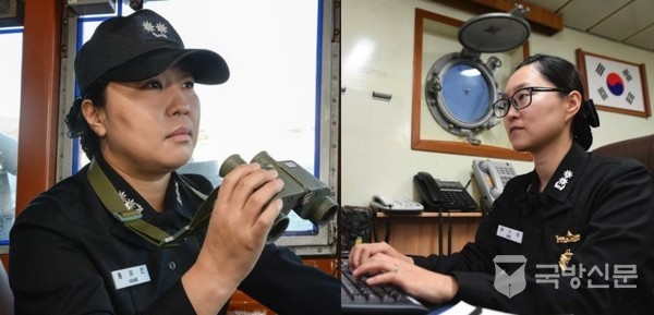 해군 중령급이 지휘하는 초계함과 기뢰부설함에 최초로 여군 함장이 탄생했다. 초계함 원주함장 홍유진 중령(왼쪽)과 기뢰부설함 원산함장 배선영 중령.(사진=해군 제공)