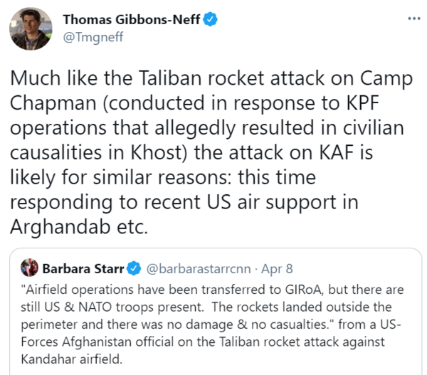 CNN의 바브라 스타 기자와 뉴욕타임즈의  네프기자의 탈레반 반군의 미군기지 공격에 관한 트위터