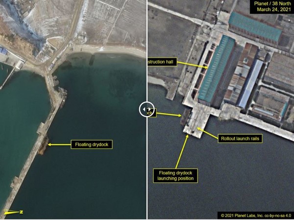 북한전문매체 38노스는 3월 24일 북한 함경남도 신포조선소를 촬영한 위성사진을 분석해 신포조선소에 잠수함 진수식 가능성을 제기했다.(사진=38노스 누리집 갈무리)