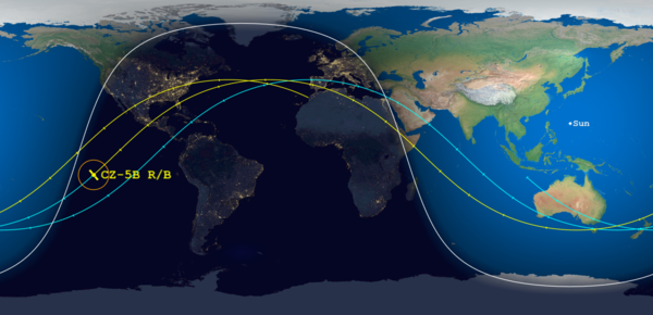 지난 9일 오전(한국시간) 아라비해 근처에 추락한 중국의 '창정-5B' 우주선 발사체 잔해물 예상 낙하지점.(사진:Spacecom)
