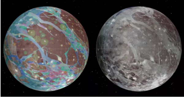 '보이저'탐사선과 '갈릴레오'우주선이 보낸 데이터를 기반으로 한 목성의 가장 큰 위성 '가니메데' 위성지도.