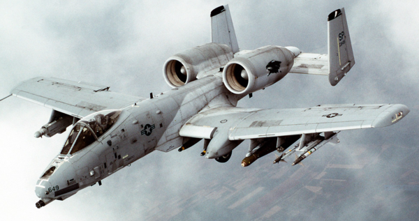 A-10 썬더볼트 II( Fairchild Republic A-10 Thunderbolt II)는 단좌형, 두 개의 엔진, 직선날개를 가진 미국의 제트 비행기로 페어차일드 사에서 만들었고 미국 공군의 근접항공지원 항공기로 탱크나 기계화부대, 다른 지상에 있는 목표물들을 최소 고도로 날아가면서 공격할 수 있는 능력이 있다. 최대이륙중량 23톤으로 F/A-18과 같은 무게이며, F-16(19톤)보다 무겁다.