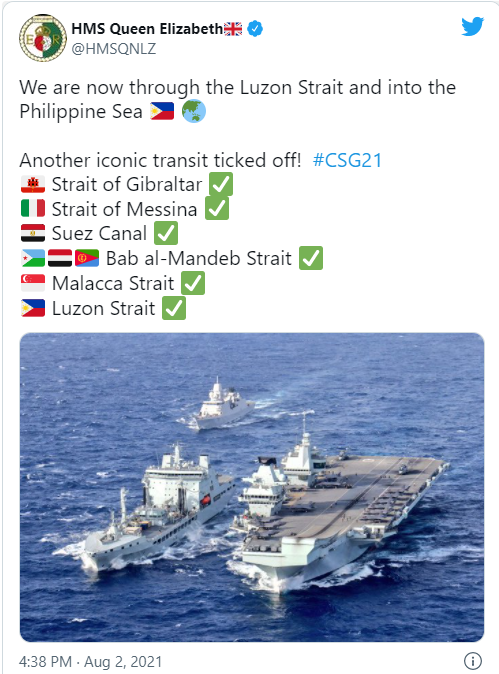 ‘퀸 엘리자베스’ 항공모함타격단(CSG)이 루손섬에 오기까지 거처온 주요국과 해협.