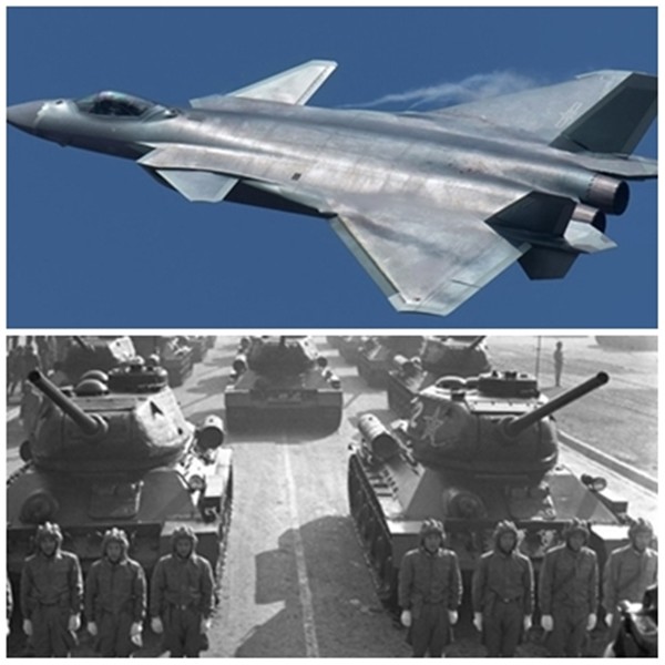 중국 최신 스텔스 전투기 J-20(사진 위), 인민해방군 열병식(사진 아래).(국방신문 자료 사진)