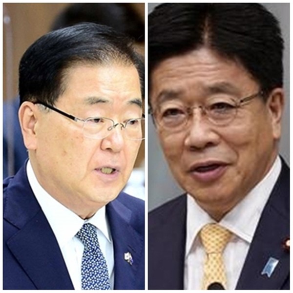정의용 외교부장관(왼쪽), 가토 가쓰노부 일본 관방장관.(사진=외교부, 국방신문 자료 사진)