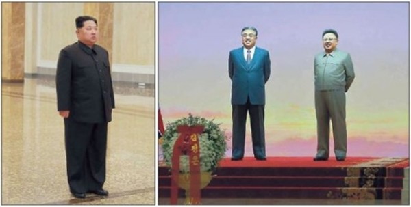 김정은 북한 국무위원장이 지난 2017년 김정일 국방위원장 6주기에 김일성·김정일 시신이 안치된 평양 금수산태양궁전을 찾아 김일성·김정일 입상 앞에서 참배하는 모습.(자료 사진=조전중앙통신 갈무리)