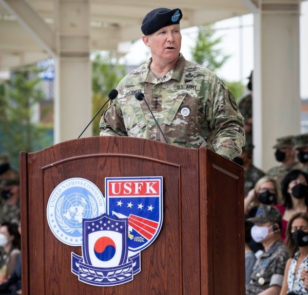 폴 러캐머라 한미연합사령관이 7월 2일 취임식에서 인사말을 하고 있다.(자료 사진=사진공동취재단)