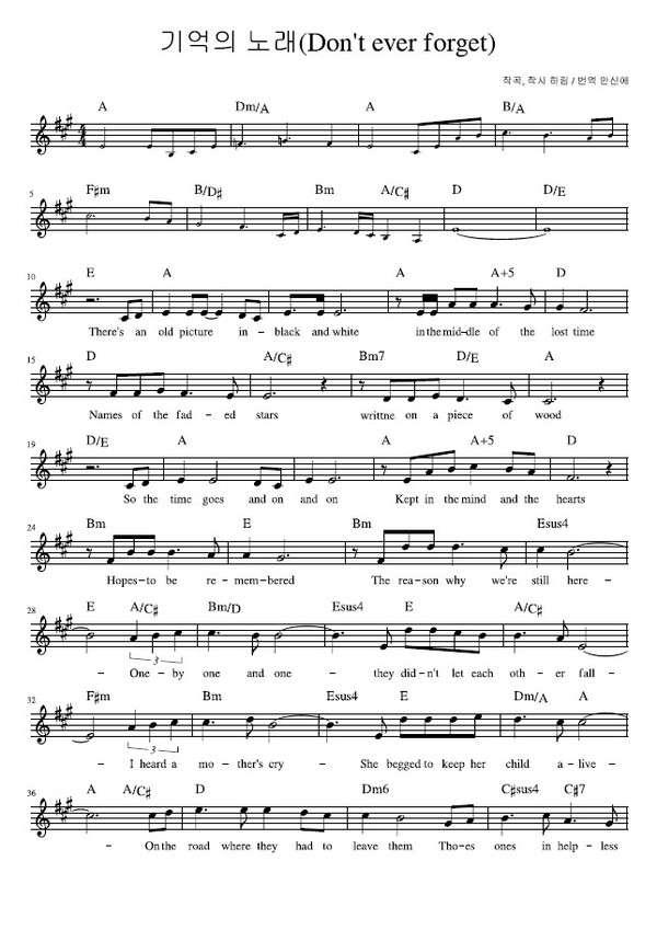 기억의 노래 악보(자료=보훈처 제공)