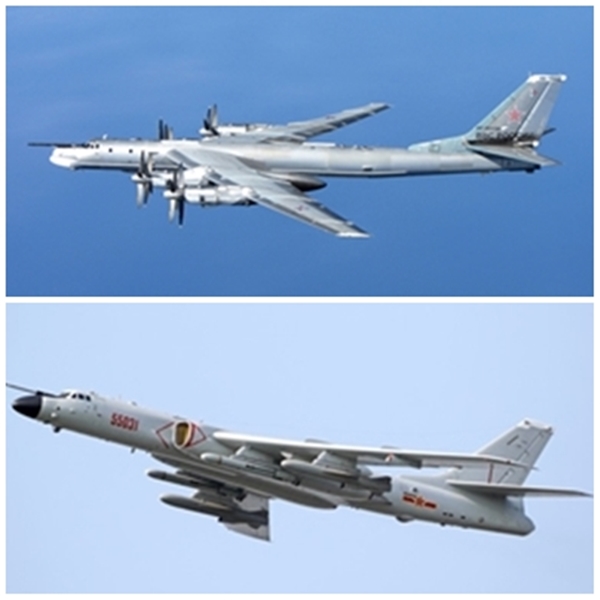 19일 한국방공식별구역(KADIZ)에 진입한 러시아 TU-95 폭격기(사진 위), 중국 H--6N 폭격기. (국방신문 자료 사진)
