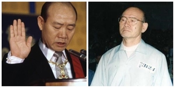 전두환 전 대통령의 영(榮)과 욕(辱). 1981년 2월 25일 제 12대 대통령 취임식 선서(사진왼쪽), 1996년 8월 26일 반란수괴죄 등으로 사형을 선고 받은 1심 선고 공판.(자료 사진=행정안전부 대통령 기록관 제공) .