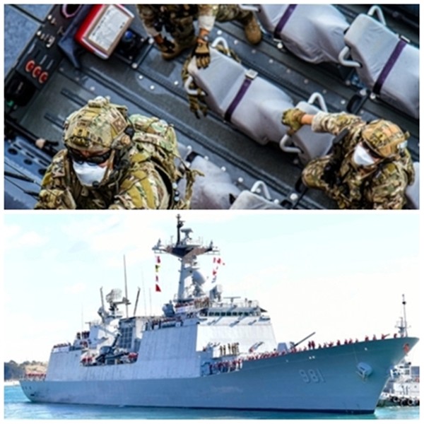 합동참모본부가 지난 9월 20일 공개한 아크부대 ‘한-UAE 연합훈련’ 모습(사진 위), 해군 청해부대 36진 ‘최영함’(DDH-Ⅱ·4400t급)의 지난 11월 21일 부산 해군작전사령부 출항 모습.(자료사진=합동참모본부, 해군 제공)