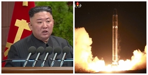 북한 노동신문은 20일 집권 10년을 맞은 김정은 국무위원장 성과를 정리한 특집기사에서 안보‧국방 분야 최대 업적으로 대륙간탄도미사일(ICBM) 화성 -15형 시험 발사(오른쪽)를 꼽았다.(자료사진=조선중앙통신 갈무리)