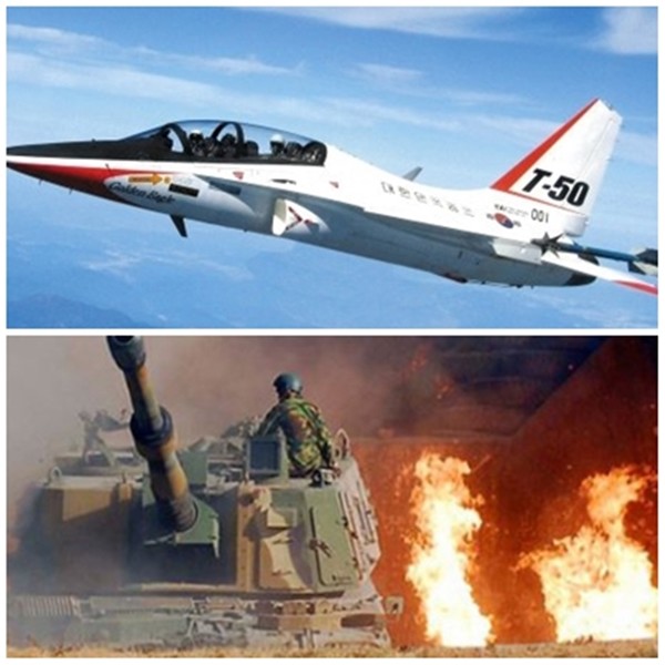 전 세계를 무대로 수출 중인 국산 T-50 고등훈련기(사진 위). 최근 호주와 1조원 규모 수출 계약에 성공한 국산 K9자주포. (자료 사진=KAI, ADD 제공)