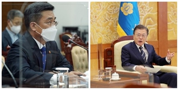 서욱 국방부장관은 지난 20일 문재인 대통령(오른쪽)에게 서면으로 새해 업무 보고를 했다고 국방부가 23일 밝혔다.(자료 사진=청와대 제공)