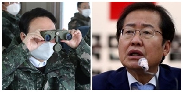 윤석열 국민의힘 대선 후보(왼쪽)의 '병사 봉급 월 200만원' 공약에 대해 홍준표 국민의힘 의원은 '무책임한 헛소리'라고 비판했다.(자료사진=국민의힘 선대본부, 홍준표 의원실 제공)