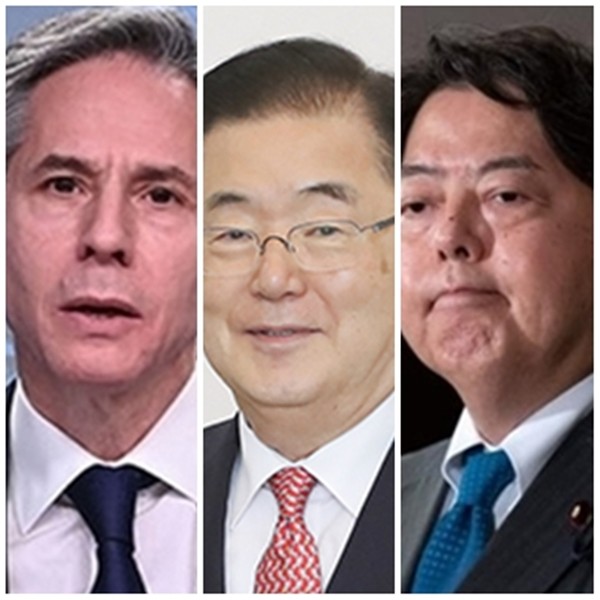 토니 블링컨 미국 국무부 장관, 정의용 외교부 장관, 하야시 요시마사(林芳正) 일본 외무상.(왼쪽부터, 국방신문 자료 사진)