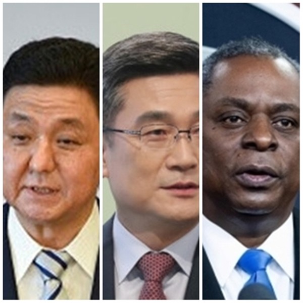 기시 노부오(岸信夫) 일본 방위상, 서욱 국방부장관,  로이드 오스틴 미국 국방부장관,.ㄱ(국방신문 자료 사진)