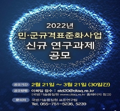방위사업청은 2월 21일부터 3월 21일까지 '민·군규격표준화사업' 신규 연구과제 발굴을 위한 수요조사를 실시한다고 21일 밝혔다. (이미지=국방기술품질원 제공)