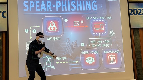 이스트시큐리티 문종현 이사가 한국정보처리학회와 국방과학연구소, 국방신문이 공동 주최하고 동국대학교 국방안전연구센터가 주관해 2월 14일~16일 개최된 ‘2022년 국방미래도전 컨퍼런스’에서 사이버위협 양상 및 대응 방안을 강연하고 있다.