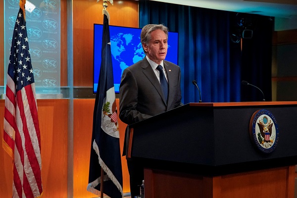 토니 블링컨 미국 국무장관이 2일(현지시간) 미 국무부에서 열린 기자회견에서 러시아의 우크라이나 침공에 대해 발언하고 있다. (사진=AFP 연합뉴스)