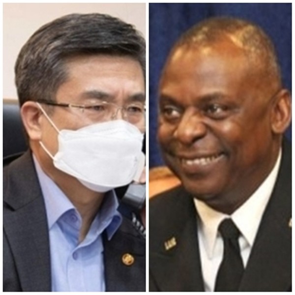 서욱 국방부 장관(왼쪽)은 로이드 오스틴 미 국방부장관과 지난 24일 전화통화를 하고 북한의 ICBM 발사에 대한 대응 방안을 논의했다.(사진=연합뉴스)