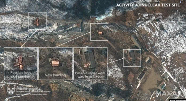 지난 3월4일 촬영한 북한 풍계리 핵실험장 일대 위성 사진. 신축 구조물과 목재로 추정되는 적재물이 보인다. (자료 사진=맥사 테크놀로지 제공)