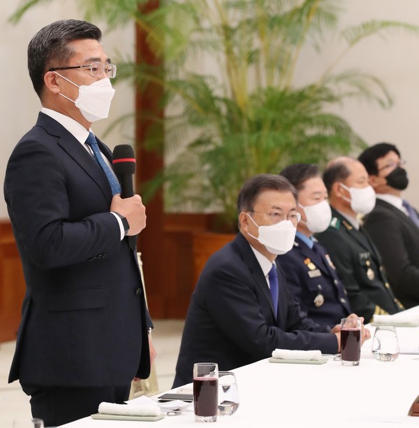 서욱 국방부장관이 29일 문재인 대통령 초청 군 주요 직위자 청와대 오찬 간담회에서 발언을 하고 있다.(사진=청와대 제공)