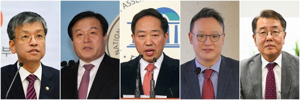 윤석열 대통령 당선인은 1일 대통령실 초대 경제수석에 최상목 전 기획재정부 차관(왼쪽부터), 정무수석에 이진복 전 의원, 시민사회수석에 강승규 전 의원, 사회수석에 안상훈 서울대 교수, 홍보수석에 최영범 효성그룹 부사장을 내정했다. (사진=당선인 대변인실 제공)