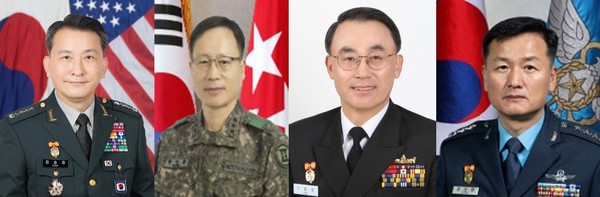 국방부는 25일 합동참모본부 의장 등 군 수뇌부 인사를 단행했다. 김승겸(왼쪽부터) 합참의장 후보자, 박정환 육군참모총장 내정자, 정상화 공군참모총장 내정자, 이종호 해군참모총장 내정자. (사진=국방부 제공)