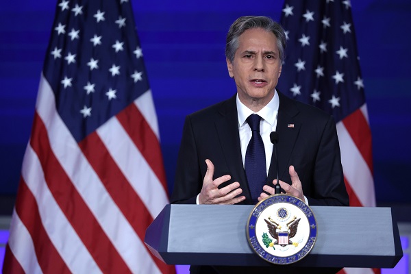 토니 블링컨 미국 국무장관이 26일(현지시간) 조지워싱턴대학 잭 모튼 강당에서 '대중국 전략'을 발표하고 있다. (사진=AFP 연합)