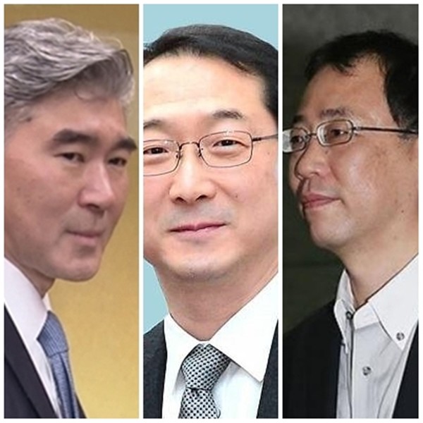 김건 외교부 한반도평화교섭본부장(가운데)과 성김 미국 대북특별대표(왼쪽), 후나코시 다케히로(船越健裕) 일본 외무성 아시아·대양주국장.(자료 사진=연합뉴스)