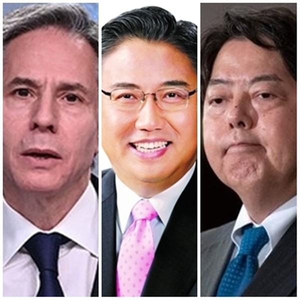 박진 외교부 장관(가운데)과 토니 블링컨 미국 국무장관(왼쪽), 하야시 요시마사(林芳正) 일본 외무상.(자료 사진=연합뉴스)