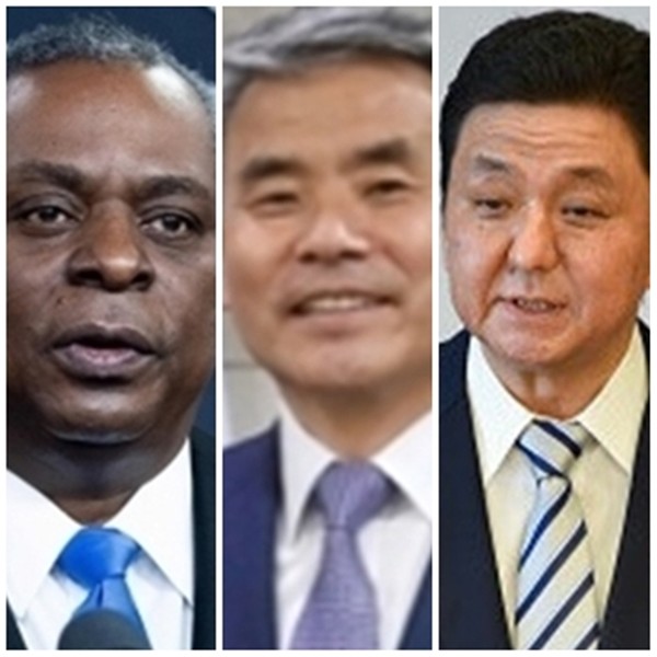 이종섭 한국 국방부 장관(가운데)과 로이드 오스틴 미국 국방장관(왼쪽), 기시 노부오(岸信夫) 일본 방위상.(자료 사진=연합뉴스)