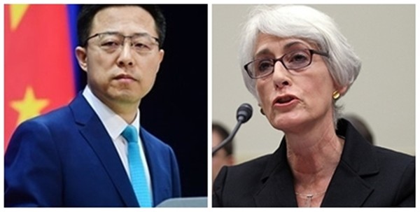 자오리젠(趙立堅) 중국 외교부 대변인(왼쪽)과 웬디 셔먼 미국 국무부 부장관.(자료 사진=연합뉴스)