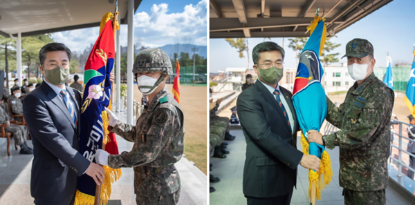 지난 4월 1일 서욱 당시 국방부장관이 육군 미사일전략사령부(왼쪽 사진)와 공군 미사일방어사령부 개편식에서 부대기를 전달하고 있다.(자료 사진=국방부 제공)