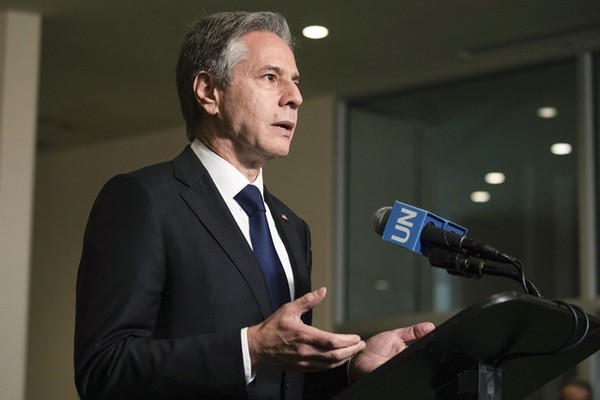 토니 블링컨 미국 국무장관이 1일(현지시간) 미국 뉴욕 유엔본부에서 열린 제10차 핵확산금지조약(NPT) 평가회의 직후 약식 기자회견을 하고 있다. (사진=AP 연합뉴스)