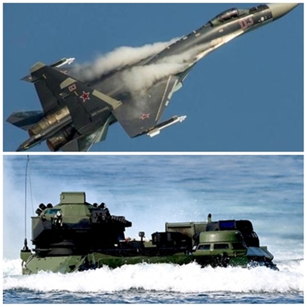 중국 Su-35 전투기(위 사진, 바이두 갈무리). 대만군 수륙양용차 AAV7가 지난 7월 28일 연례 ‘한광 군사훈련의 일환으로 남부 핑둥현에서 실시된 해안 상륙 훈련을 준비하고 있다.(사진=로이터 연합뉴스)