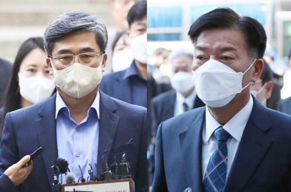 ‘서해 공무원 피격 사건’ 관련 핵심 책임자였던 서욱 전 국방부 장관(왼쪽)과 김홍희 전 해양경찰청장이 21일 영장실질심사를 받기 위해 서초동 서울중앙지법으로 들어서고 있다. (사진=연합뉴스 제공)