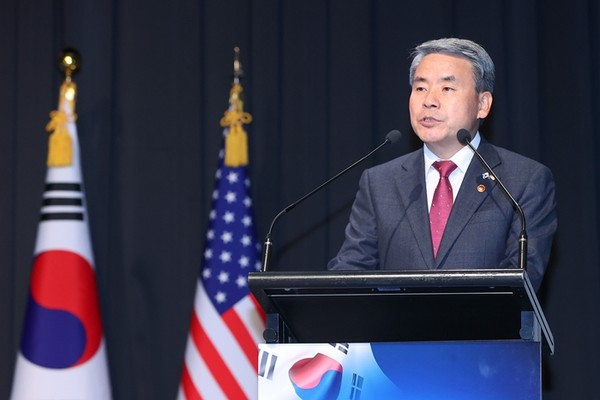 이종섭 국방부 장관이 25일 서울 용산구 그랜드하얏트서울 호텔에서 열린 ‘22-2 한미동맹 평화 컨퍼런스’에 참석해 기조연설을 하고 있다.(사진=연합뉴스)