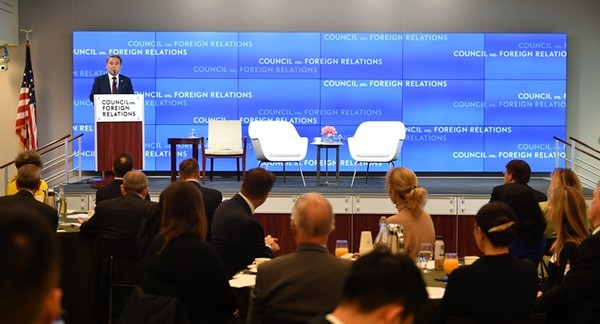 이종섭 국방부 장관이 2일(현지시간) 미국 외교협회(CFR)를 방문해 한반도 정세 및 우리 국방정책 방향에 대한 기조연설을 하고 있다.(사진=국방부 제공)