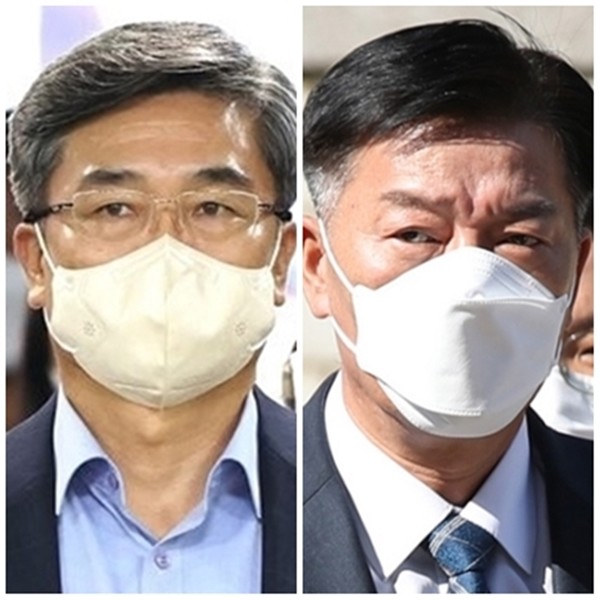 서욱 전 국방부 장관(왼쪽)과 김홍희 전 해영경찰청장이 지난달 21일 구속 전 피의자 심문(영장실질심사)을 받기 위해 서울 서초구 서울중앙지방법원에 각각 출석하고 있다.(자료 사진=연합뉴스)