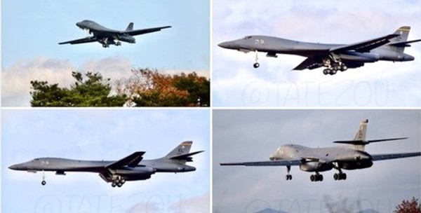 자난 14일 일본 아오모리현 소재 미사와 공군기지에 도착한 미 공군 전략폭격기 B-1B ‘랜서’.(사진 출처=트위터 갈무리)