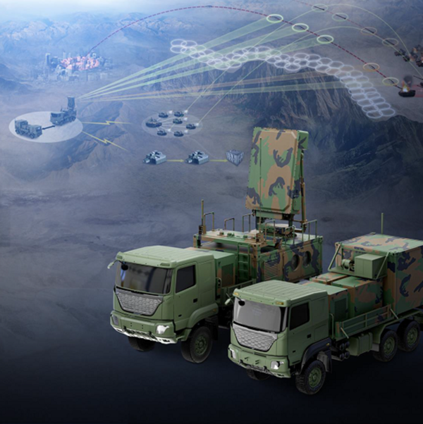 ‘사단급대포병탐지레이더’ 형상(안). 아래 왼쪽은 레이더차량, 오른쪽은 운용쉘터차량.(이미지=방위사업청 제공)