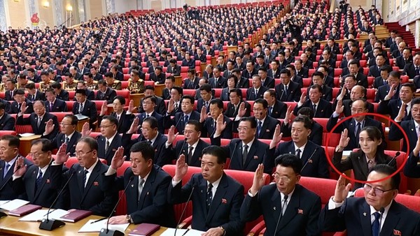 지난 26일 북한 노동당 본부청사에서 열린 중앙위원회 제8기 제6차 전원회의 모습. 두 번째 줄에 김여정 노동당 부부장(붉은 원)이 자리잡고 있다.(사진=조선중앙TV 화면 갈무리 연합뉴스)