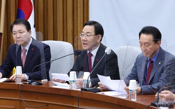 주호영 국민의힘 주호영 원내대표가 27일 국회에서 열린 당 원내대책회의에서 발언하고 있다.(사진=연합뉴스)