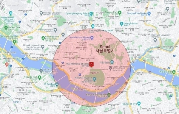 서울 용산 대통령실을 중심으로 설정된 비행금지구역(P-73).(자료=국방부 제공)