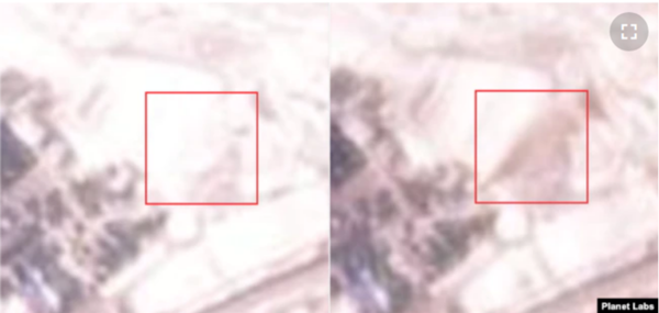 북한 마군포 엔진시험장 일대를 촬영한 위성사진. 28일(현지시간, 왼쪽 사각형 안) 사진에서는 별다른 흔적이 포착되지 않았으나 30일(현지시간, 오른쪽) 사진에서는 화염에 의해 그을린 것으로 추정되는 흔적을 보인다.(사진 출처=Planet Labs)