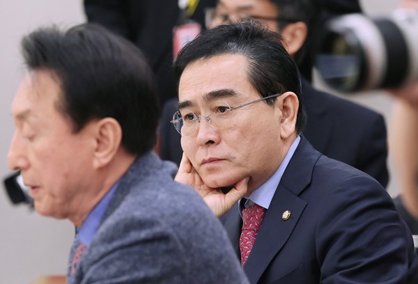 국회 외교통일위원회 국민의힘 간사인 태영호 의원이 15일 열린 국회 외통위 전체회의에 출석해 있다.(사진=연합뉴스)